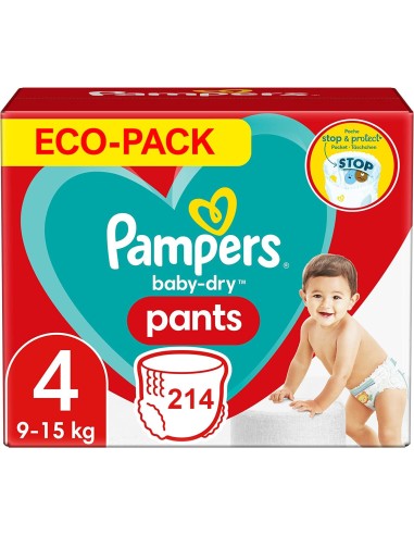 PAMPERS PANTS TAILLE 4 BABY-DRY COUCHES-CULOTTES 214 COUCHES (9-15 KG)