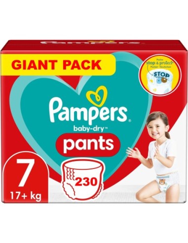 PAMPERS PANTS TAILLE 7 BABY-DRY COUCHES-CULOTTES 230 COUCHES (+17 KG)