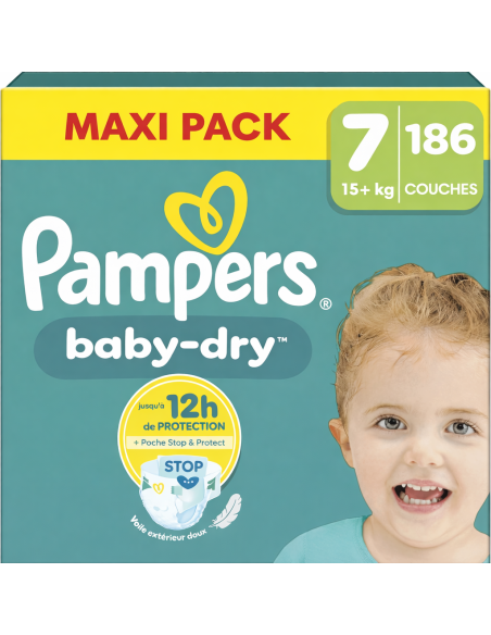 PAMPERS BABY-DRY TAILLE 7 186 COUCHES MAXI PACK +15KG