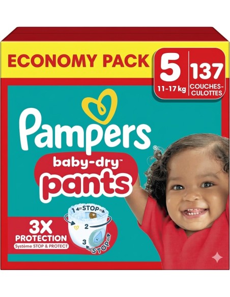PAMPERS PANTS TAILLE 5 BABY-DRY 137 COUCHES CULOTTES ECONOMY PACK 12-17 KG