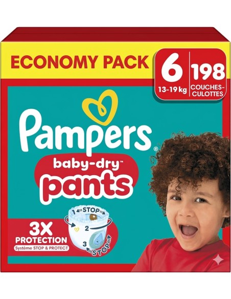 PAMPERS PANTS TAILLE 6 BABY-DRY 198 COUCHES CULOTTES ECONOMY PACK 13-19 KG